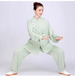 Emboridered flower Tai chi clothing for women green pink white cotton and linen breathable chinese kung uniforms wushu martial art clothes